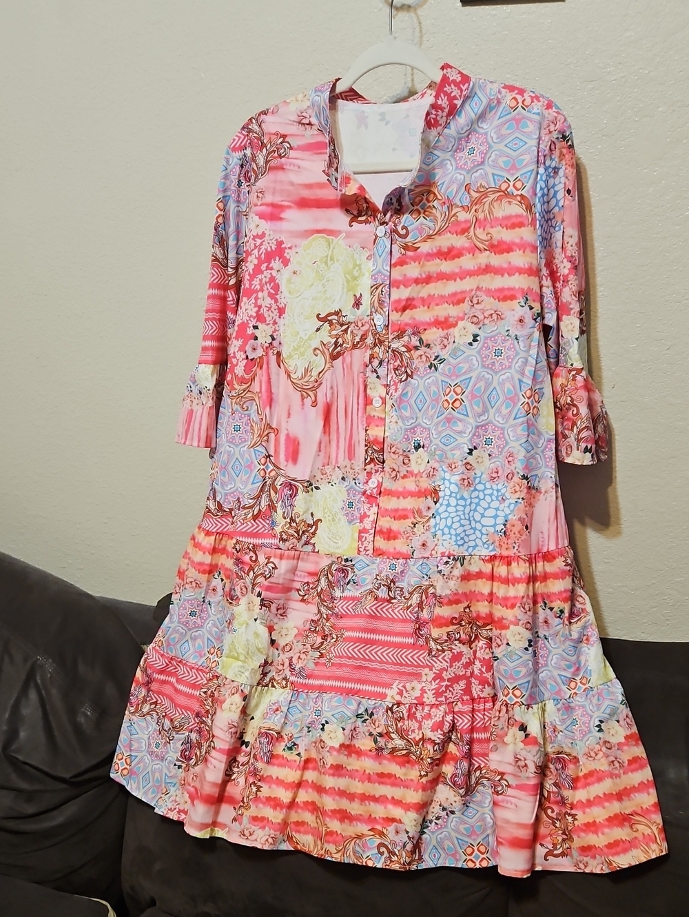 Women's Pink Floral Patchwork Midi Dress with Ruffle Hem